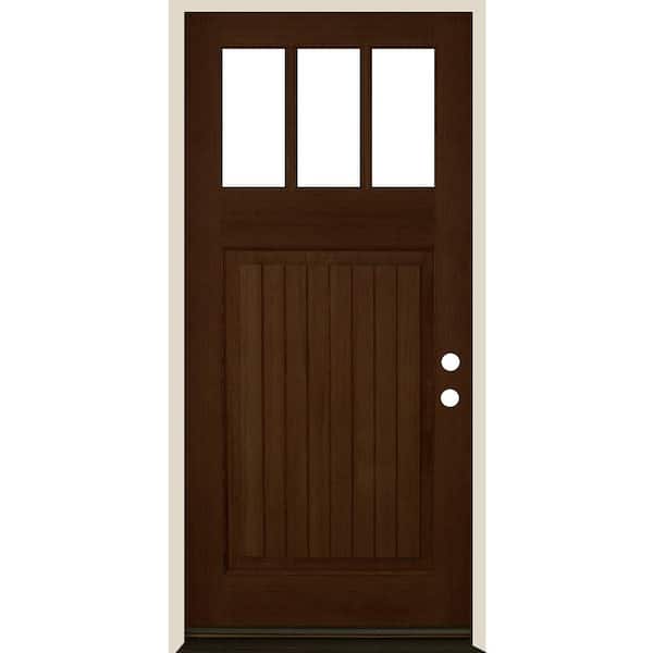 Krosswood Doors 36 in. x 80 in. Craftsman 3 Lite V Groove Provincial Stain Left-Hand/Inswing Hemlock Prehung Front Door