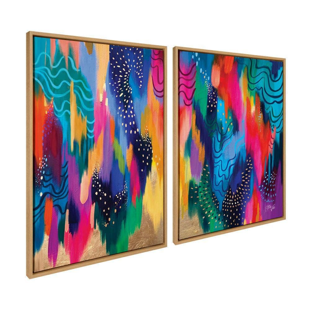 Colorful Abstract Brushstroke Canvas Wall Art Set, 28x38, Natural Frame
