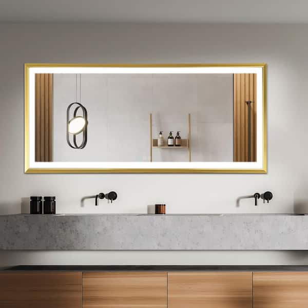 HBEZON Metis 72 in. W x 48 in. H Oversized Rectangular Aluminium Framed Dimmable Anti-Fog Wall Bathroom Vanity Mirror in Gold