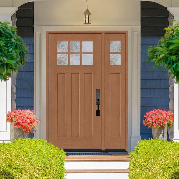 Regency 51 in. x 80 in. 6-Lite Top Lite Clear Glass LHIS Wheat Mahogany Fiberglass Prehung Front Door 12 in. Side Lite