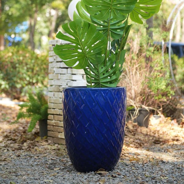 1-Piece 21.26 in. H Handmade Round Navy Blue Ceramic Planter with Diamond Pattern for Indoor Outdoor Use