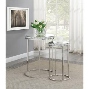 Bleker 17 .75 in. Silver and Clear Crystals Round Glass Coffee Table with 2 Pieces