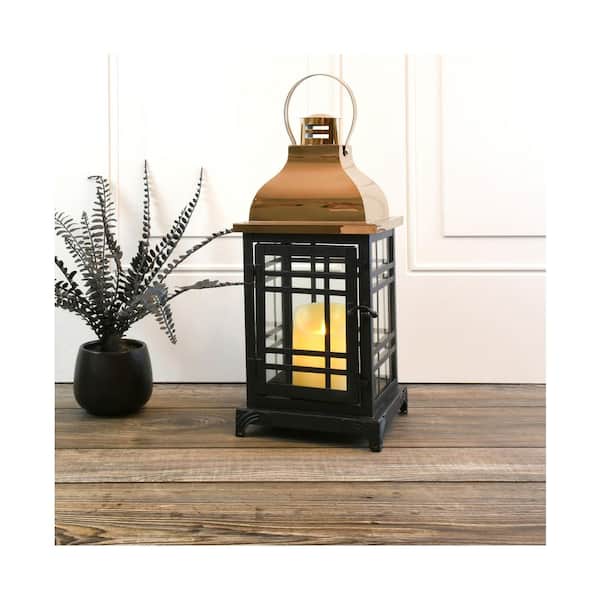 LUMABASE Metal Lantern with Moving Flame LED Candle - Black with