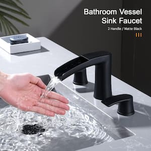 8 in. Widespread Double Handles Waterfall Spout Bathroom Sink Faucet with Pop Up Drain in Matte Black