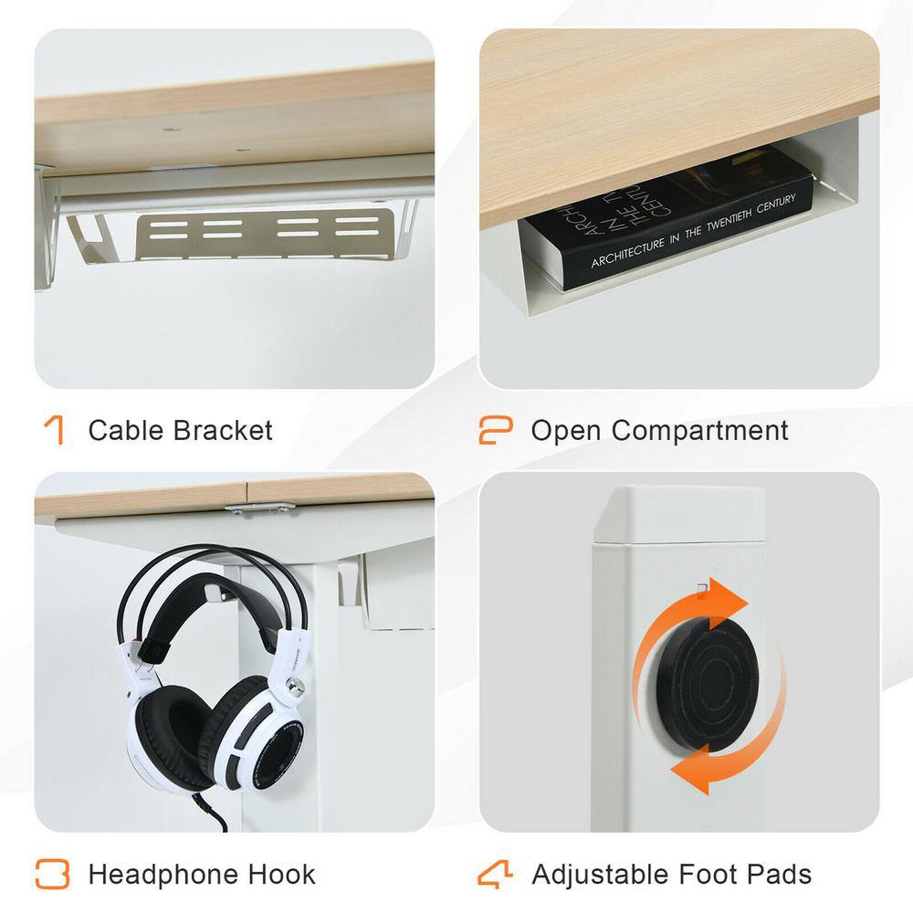 Collage showing the cable bracket, open compartment, headphone hook, and adjustable foot pads.