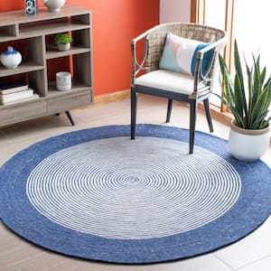Braided Navy Ivory Doormat 3 ft. x 3 ft. Border Striped Round Area Rug
