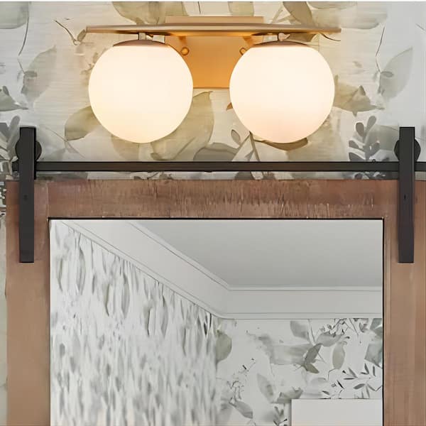 RRTYO Kara 15.75 in. 2-Light Gold Vanity Light with Milky White Glass Ball Shade