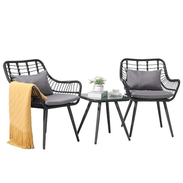 Yangming Black 3-Piece Wicker Rattan Outdoor Bistro Set with Gray Cushions, Lumbar Pillow and Square Glass Top Coffee Side Table