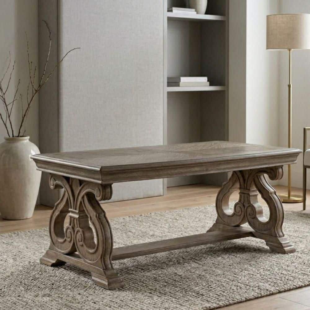 Ethelyn 52 in. Weathered Oak Rectangular Wood Coffee Table with Scrolled Trestle Base price history on PriceWatchPro