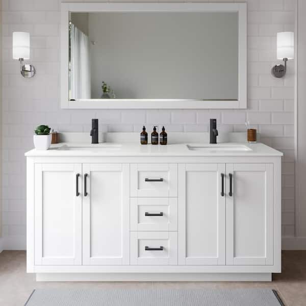 Wyndham Collection Miranda 66 in. W x 22 in. D x 33.75 in. H Double Bath Vanity in White with White Quartz Top and 58 in. Mirror