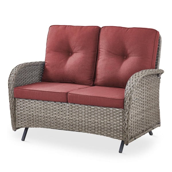 2-Person Gray Wicker Patio Outdoor Glider with Cushion Guard Red Cushions