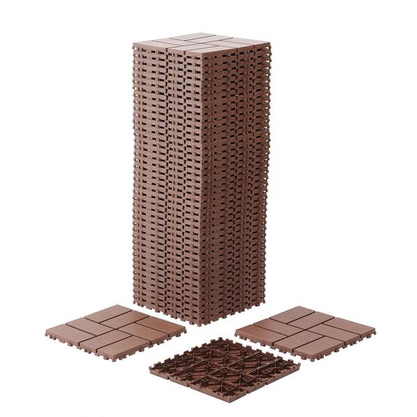 cadeninc 12 in. x 12 in. Brown Square Waterproof Plastic Interlocking Deck Tiles (Set of 44 Tiles)