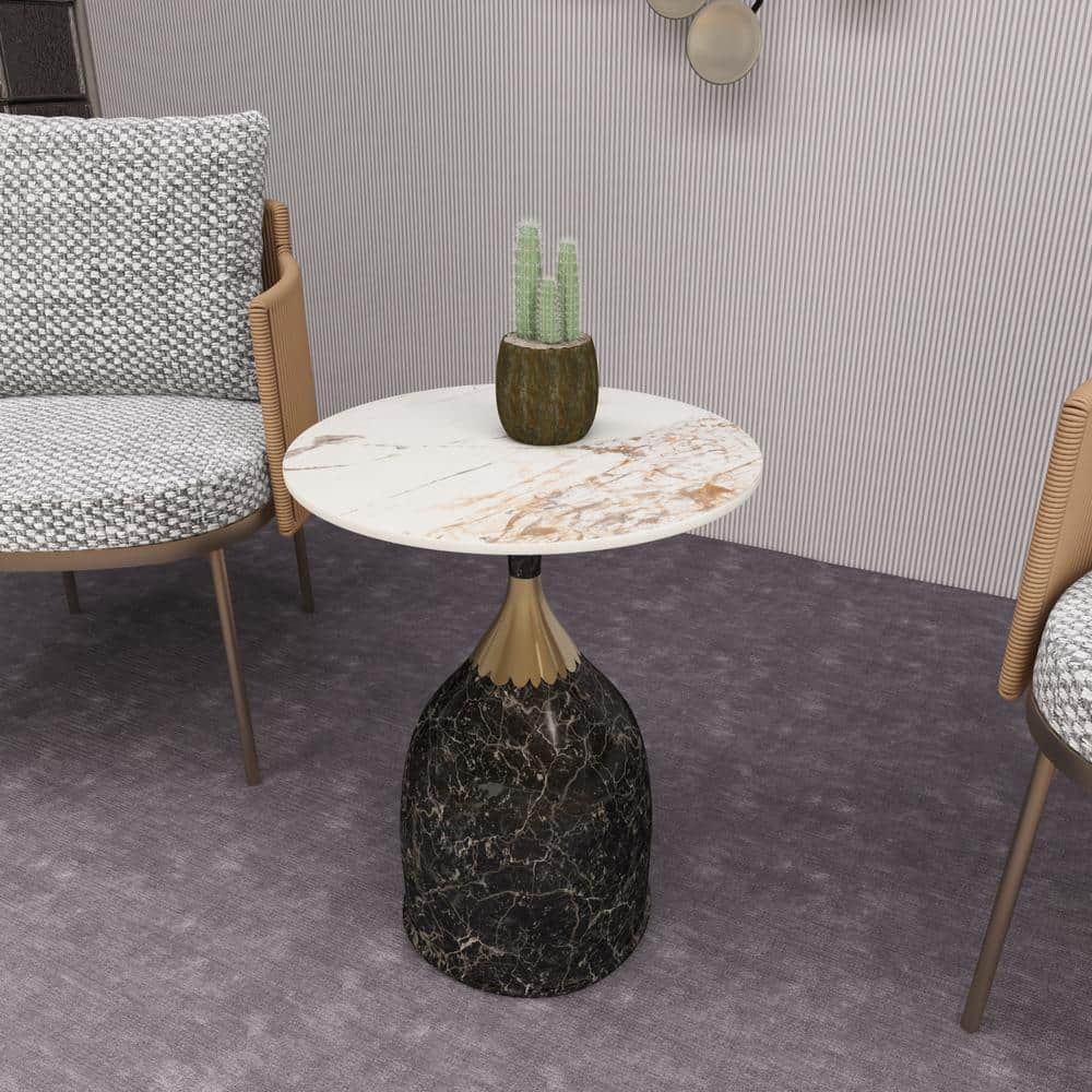 Marbled Brown Round Sintered Stone Side Table with Gold Neck