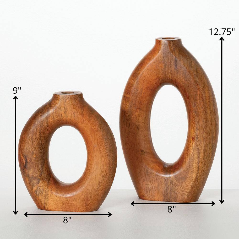 Set of Two Brown Mango Wood Hollow Oval Vases