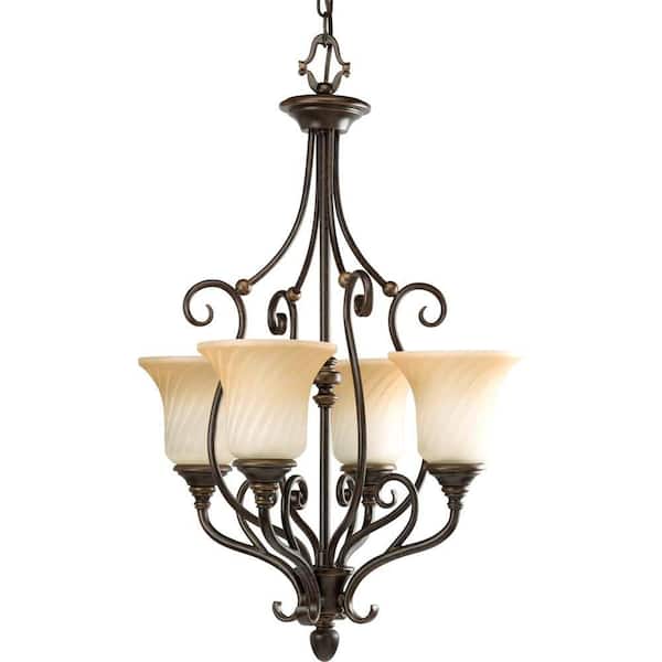 Progress Lighting Kensington Collection 18 in. 4-Light Forged Bronze Foyer Pendant with Frosted Caramel Swirl Glass