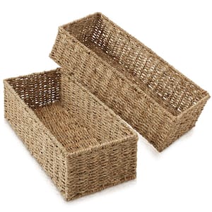 Brown Natural 16 in. x 4.25 in. Wicker Woven Seagrass Decorative Baskets Bathroom Storage Bins Set of 2