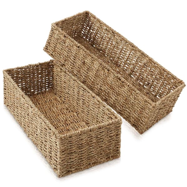 Casafield Brown Natural 16 in. x 4.25 in. Wicker Woven Seagrass Decorative Baskets Bathroom Storage Bins Set of 2