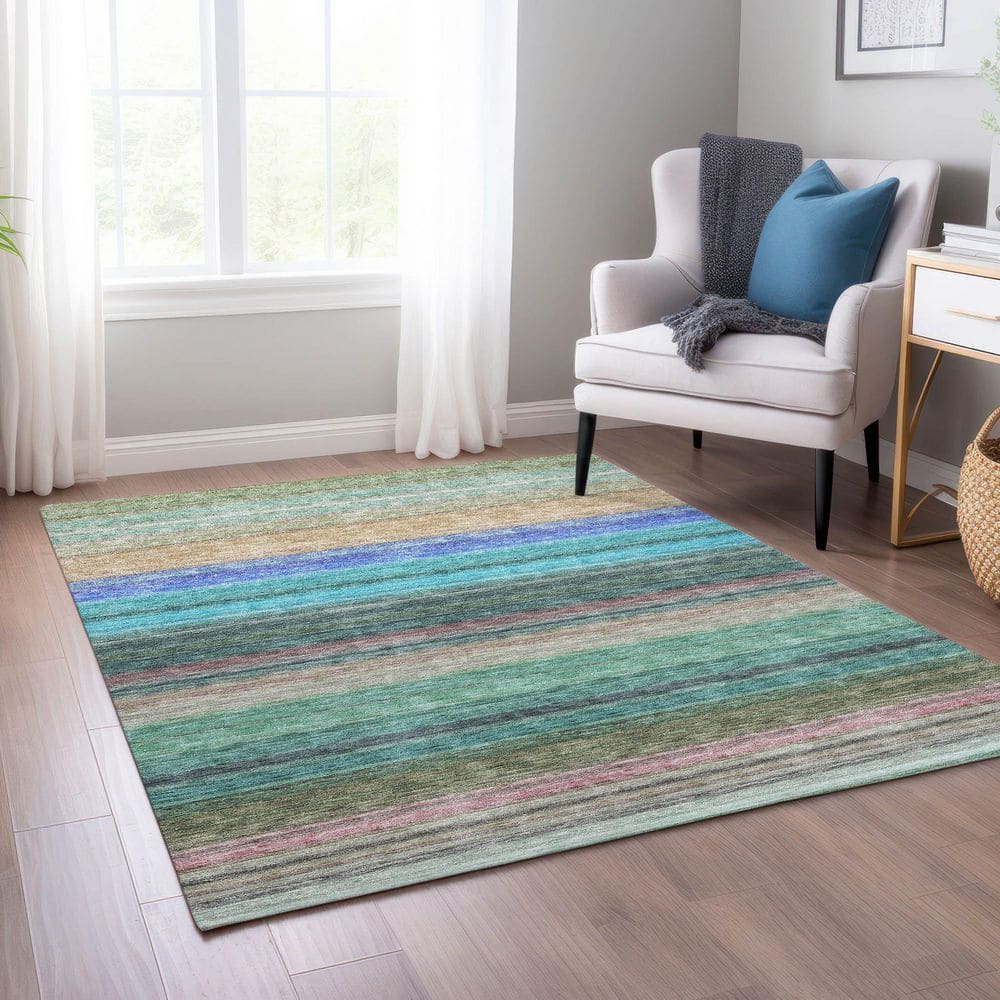 Sage and Blue Striped Synthetic 9' x 12' Washable Rug