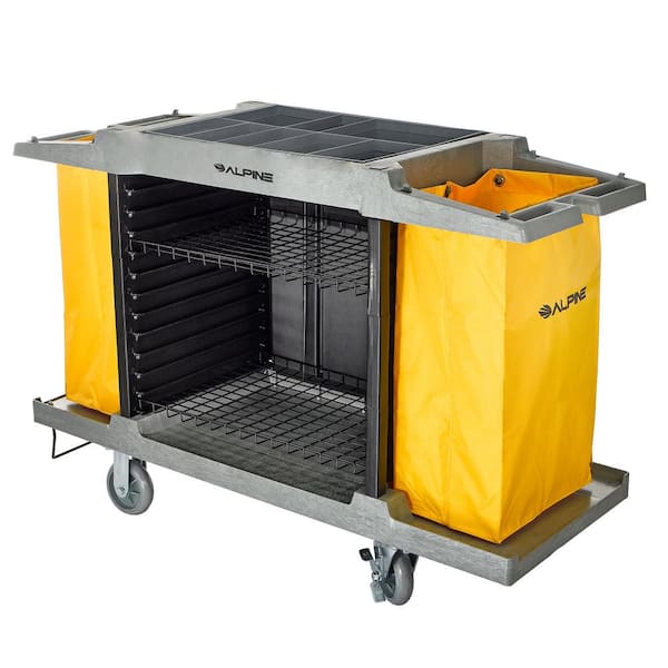 Alpine Industries 2-Wire Shelf PVC Janitorial Platform Cleaning Cart with 2 Yellow Vinyl Bags