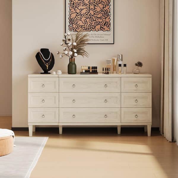 FUFU&GAGA Light Grain 9 Drawer 63.4 in. W Dresser without Mirror, Storage Sideboard with Minimalist Ring Pulls, Chest of Drawers