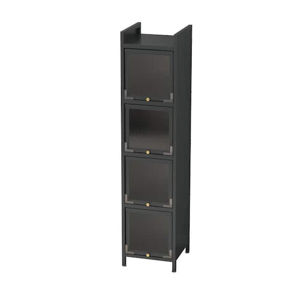 Unbranded 13.78 in. W x 14.17 in. D x 59.84 in. H Black Modern 4-Tier Glass Door Linen Cabinet with Featuring 5-Tier Storage