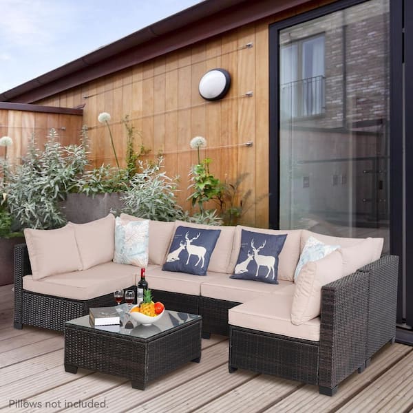 Unbranded Brown 7-Piece All-Weather Wicker Outdoor Sectional Set, Patio Conversation Set with Khaki Cushions and Coffee Table