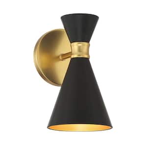 Conic 1-Light Honey Gold Wall Sconce with Black Metal Shade