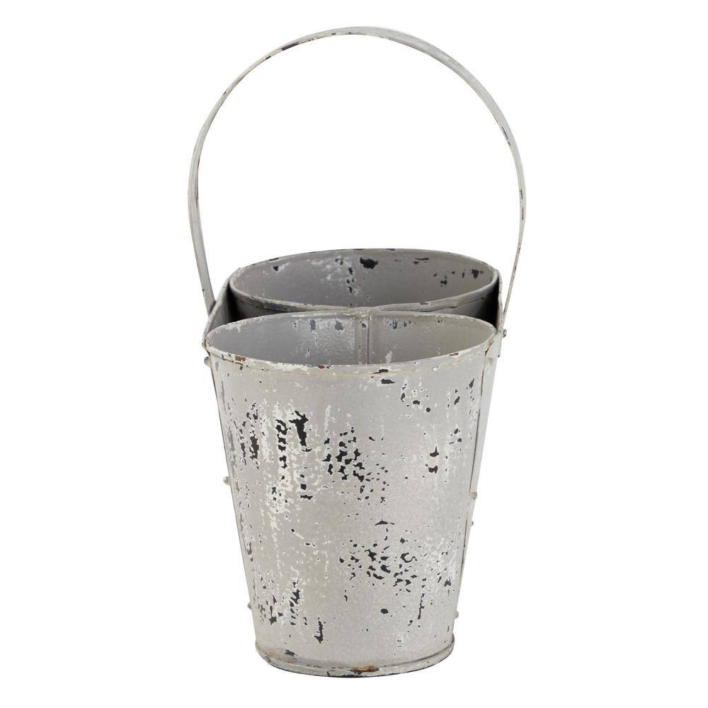 12" White Distressed Metal Double Planter with Handle