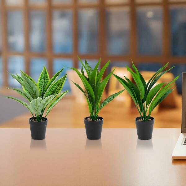 Oumilen 3-Pack 15 in. Green Leafy Artificial Plant Faux Indoor Home Decor Greenery Decorative Round Planter