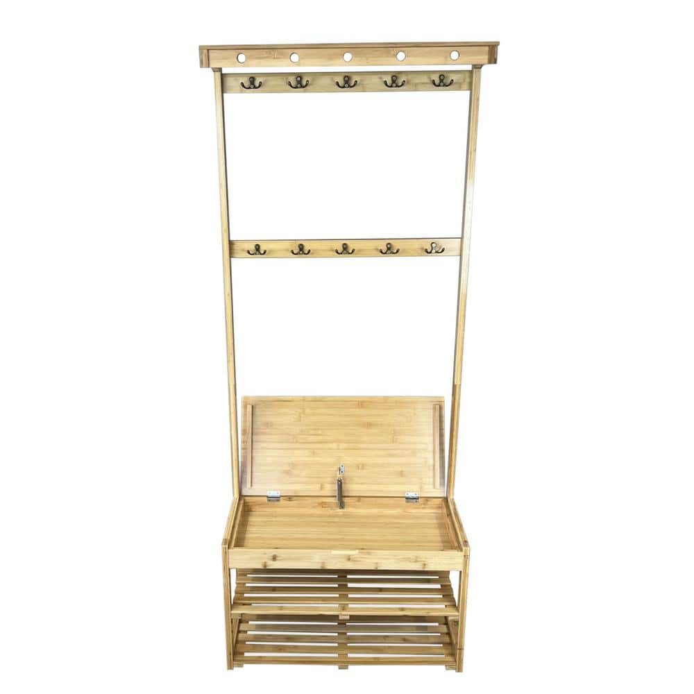 Natural Bamboo Entryway Hall Tree with Storage Bench and Hooks