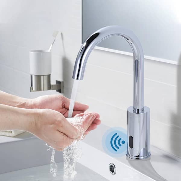 Battery-Powered Commercial Touchless Single Hole Without Handle Bathroom Faucet with Deck Plate in Polished Chrome