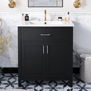 30 in. W x 18.3 in. D x 34 in. H Single Sink Freestanding Bath Vanity in Black with White Ceramic Top and One Drawer