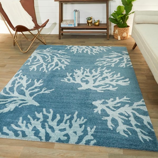 Caistor Blue 8 ft. x 10 ft. Coastal Coral Print Area Rug
