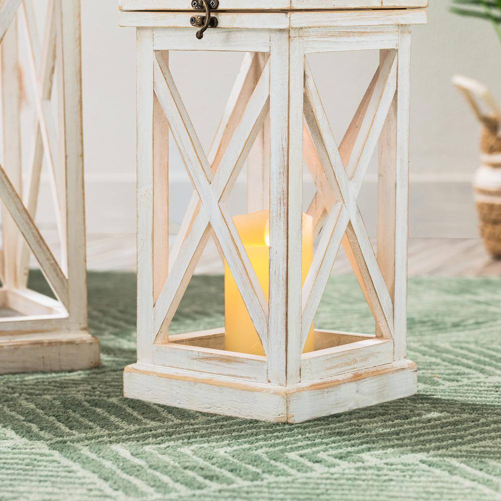 Set of 2 White Wooden Tabletop Candle Lanterns with Metal Top