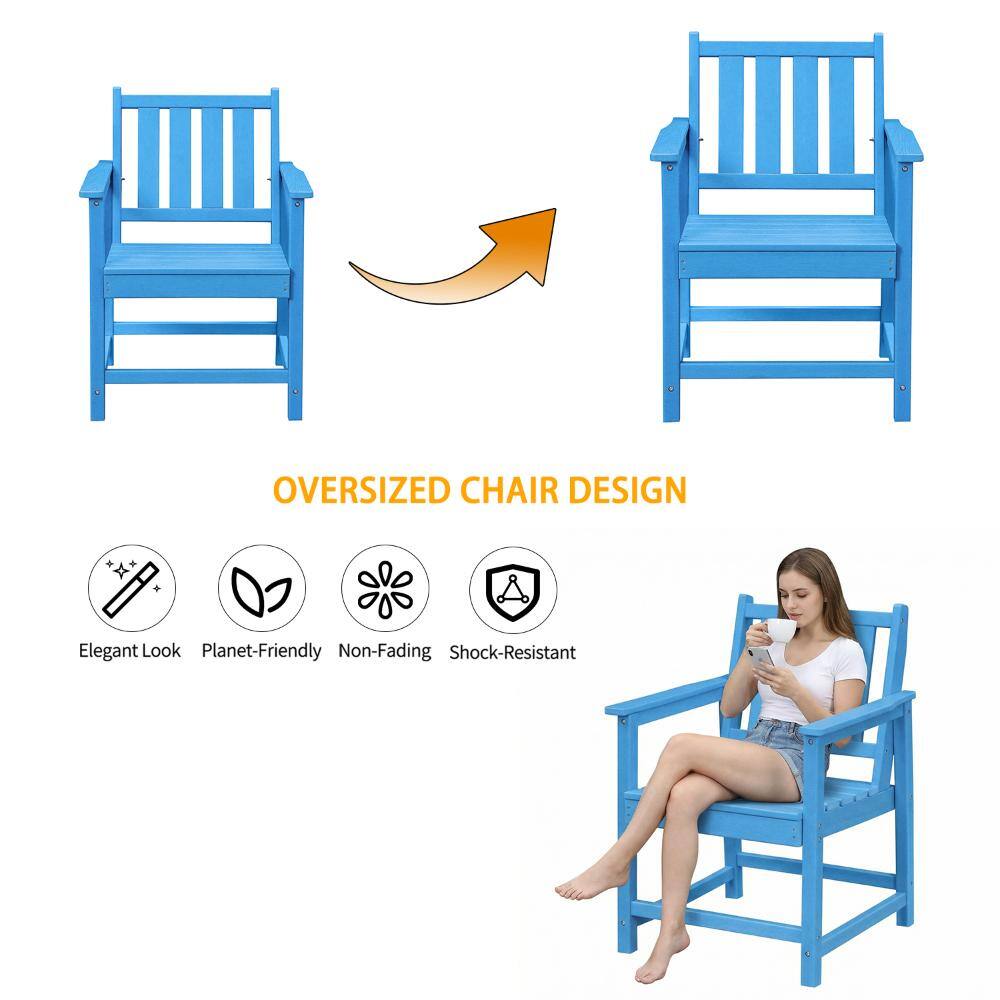 Woman sitting in an oversized blue Adirondack chair.