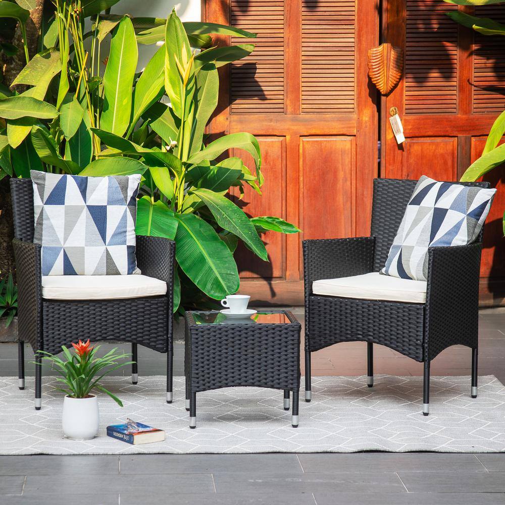 Sofa, Black 3-Piece Set Wicker Rattan Outdoor Sectional Sofa with Seat Blac