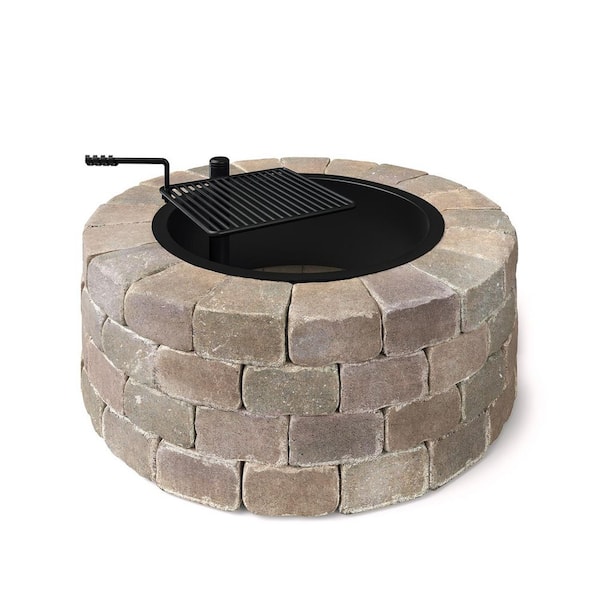 Grand 4-Course 48 in. W x 16 in. H Round Concrete Wood Burning Fire Pit Kit with Cooking Grate in Beechwood
