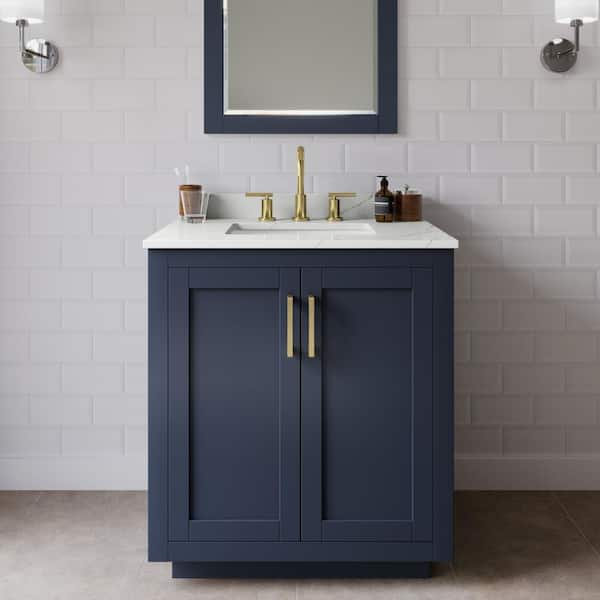 Wyndham Collection Miranda 30 in. W x 22 in. D x 33.75 in. H Single Bath Vanity in Dark Blue with Giotto Quartz Top and 24 in. Mirror