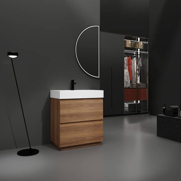EAKYHOM 30 in. W x 18 in. D x 36 in. H Single Sink Freestanding Bath Vanity in Brown with White Ceramic Top and Double Drawers