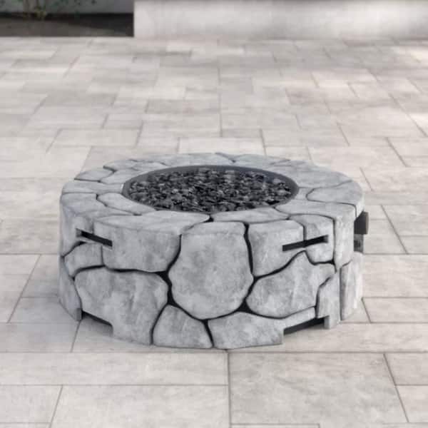28 in. W 40,000 BTU Round Reinforced Concrete Outdoor Propane Gas Fire Pit Table with Lid