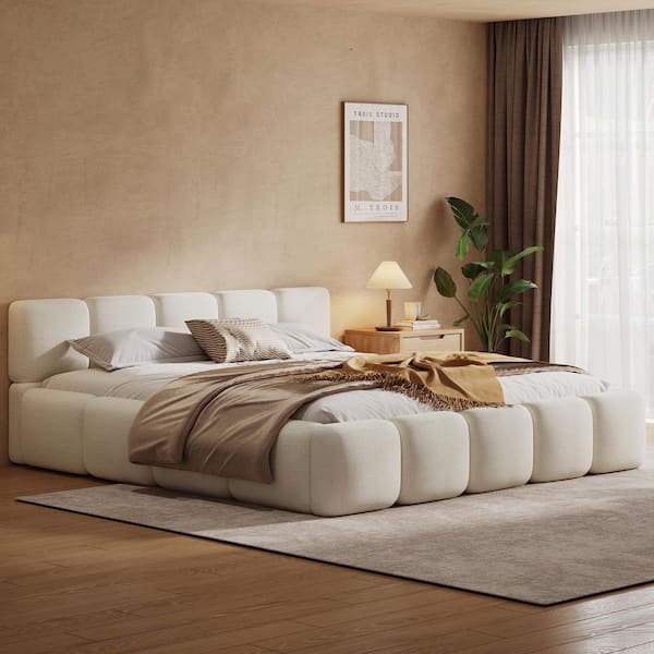 CHRISTOPHER KNIGHT HOME Cassius White Boucle Upholstered Wood Frame King Size Platform Bed with Headboard