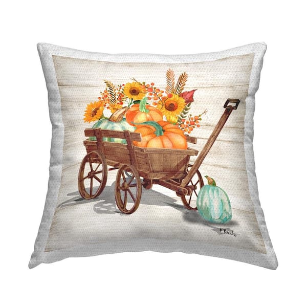 Farm Harvest Wagon Orange Square Outdoor Throw Pillow