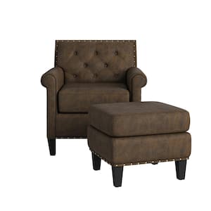 Angie Button in Distressed Saddle Brown Faux Leather Tufted Rolled Arm Chair and Ottoman Set