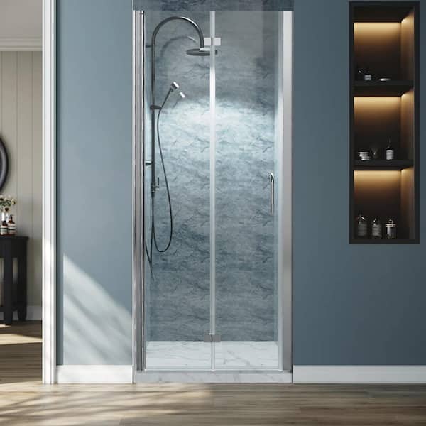 32 in. W x 72 in. H BiFold Frameless Shower Door in Chrome with Clear Glass