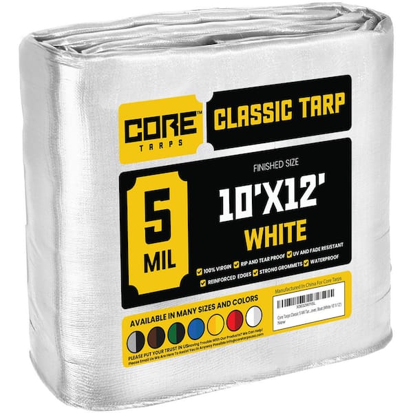 CORE TARPS 10 ft. x 12 ft. White 5 Mil Heavy Duty Polyethylene Tarp, Waterproof, UV Resistant, Rip and Tear Proof
