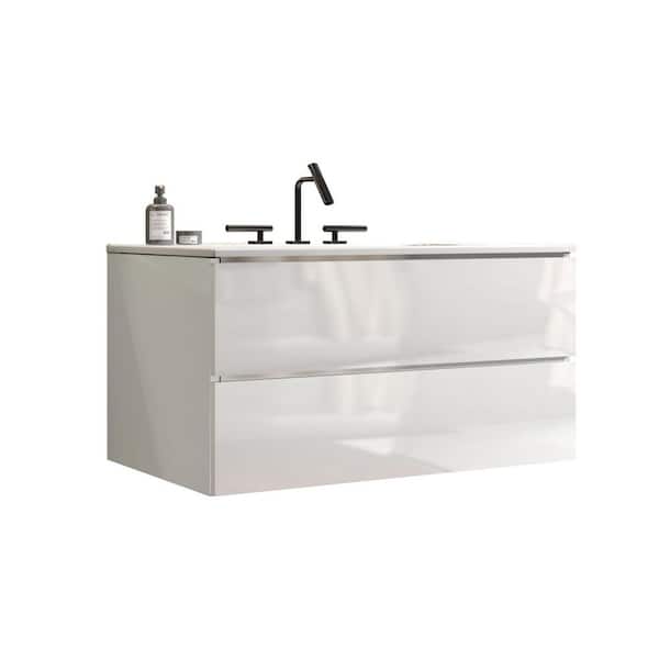 36 in. W Single Sink Floating White Bath Vanity with White Ceramic Top