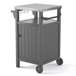 Outdoor Grill Cart Table with Storage Waterproof Grill Cabinet, Stainless Steel Tabletop Outdoor Kitchen Island, Gray