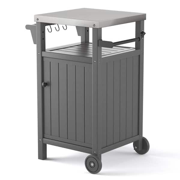 UPLAND Outdoor Grill Cart Table with Storage Waterproof Grill Cabinet, Stainless Steel Tabletop Outdoor Kitchen Island, Gray