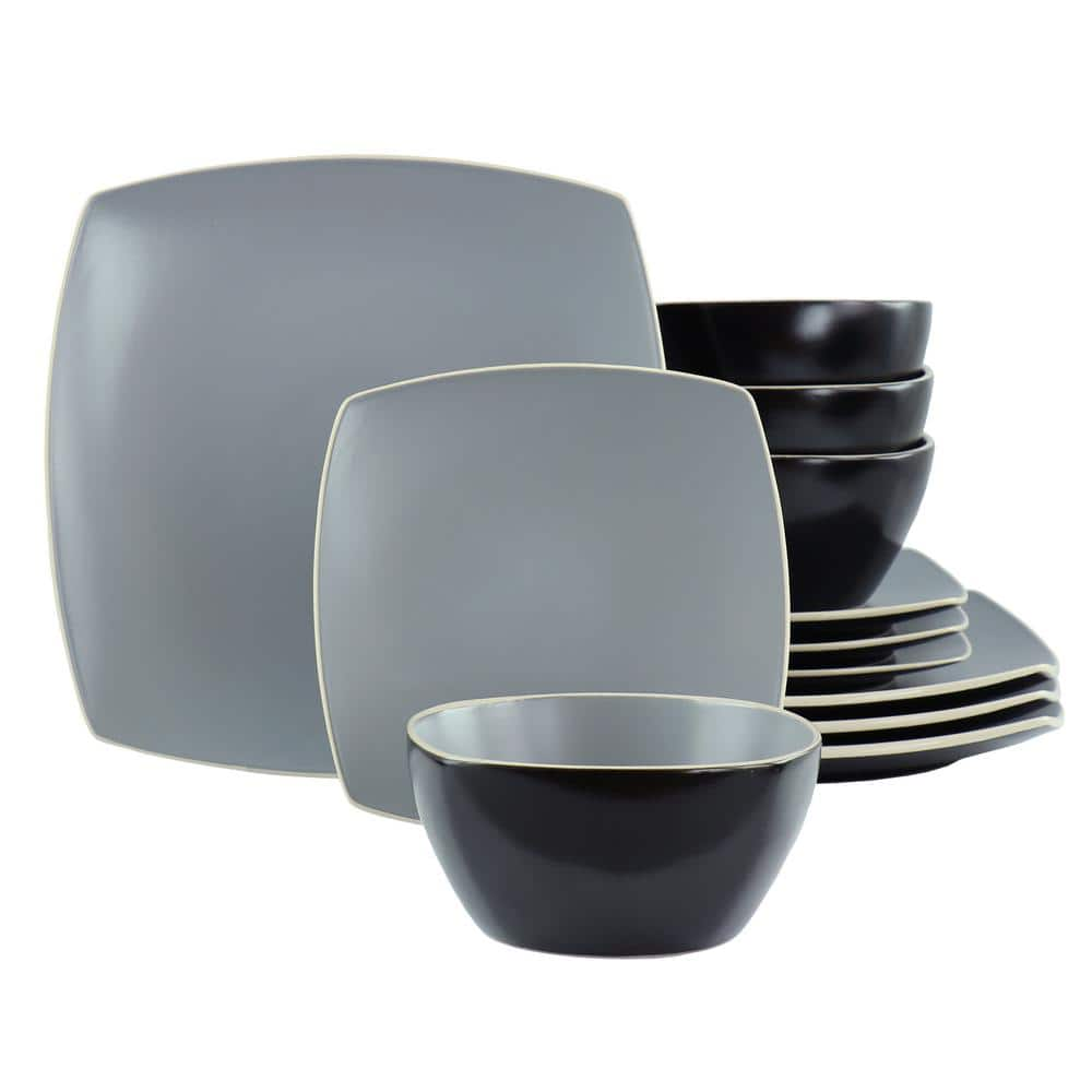 HOMETRENDS Soho Lounge Grey 12-Piece Square Stoneware Dinnerware Set  985120415M - The Home Depot