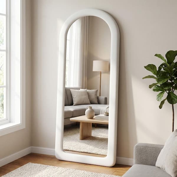 Soft Upholstered White 24 in. W x 63 in. H Arched Fabric Framed Rounded Edges Full Length Floor Mirror